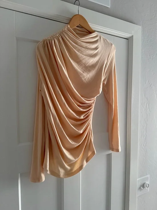 Long Sleeve Draped Neck Top in Light Beige - Picture 12 of 17
